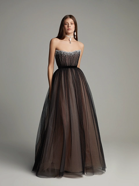 Черное платье-макси из фатина в горошек с жемчугом и кристаллами, 2