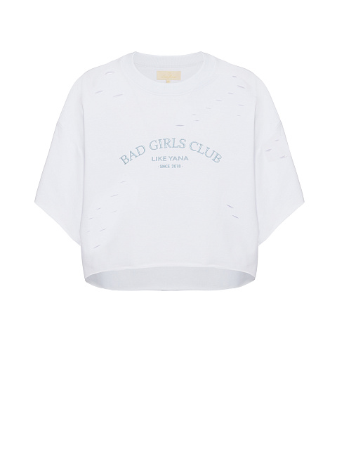 Белая укороченная футболка с вышивкой и прорезями, 1