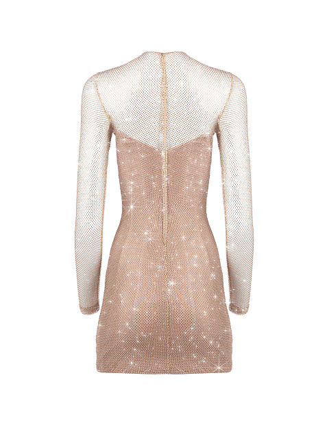 Пудровое платье-мини из сетки со стразами, 2