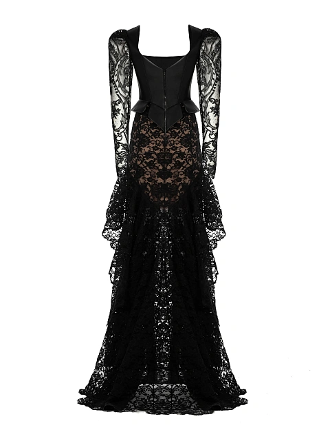 Черное платье-макси из кожи и кружева, 2 Черное платье-макси из кожи и кружева, 2