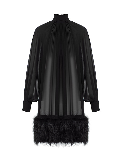 Черное платье-мини из шифона с мехом, 1