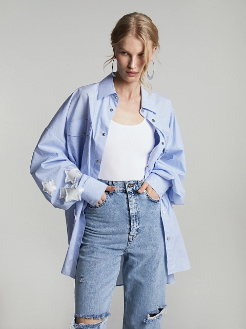 Голубая рубашка из хлопка в клетку с отделкой из белого денима, 2