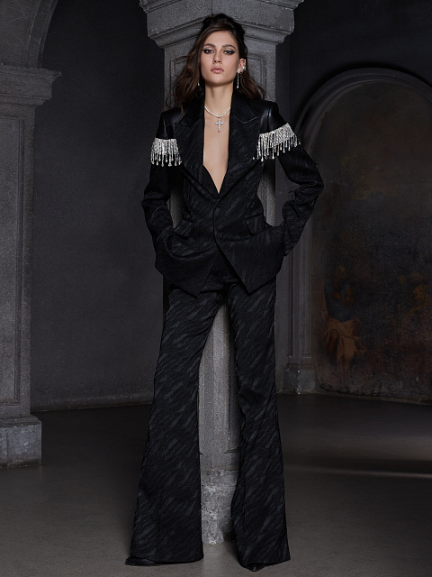 Черный жаккардовый костюм-двойка со стразами, 4