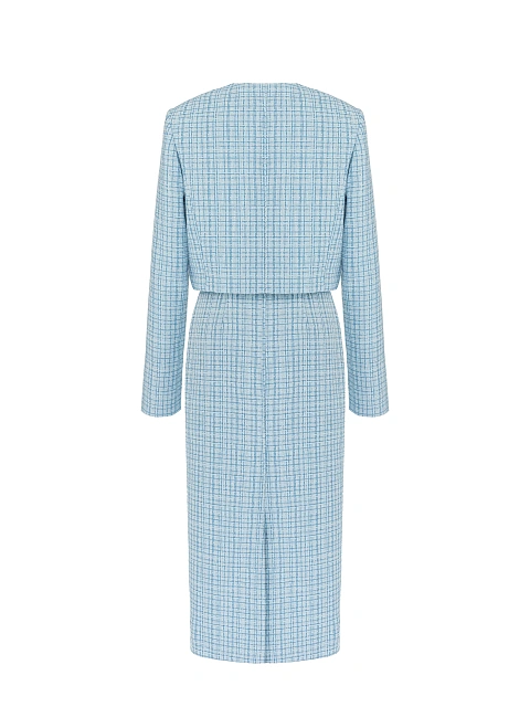 Голубой твидовый костюм из жакета и юбки-миди, 2