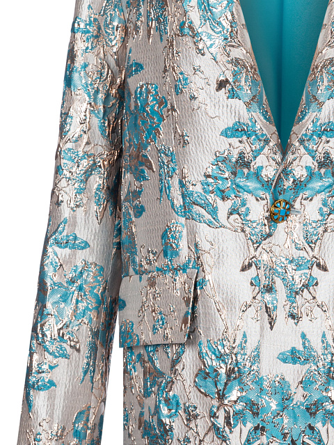 Однобортный золотистый жакет с бирюзовым узором, 3 Однобортный золотистый жакет с бирюзовым узором, 3