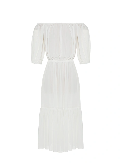 Белое платье-миди с открытыми плечами, 1 Белое платье-миди с открытыми плечами, 1