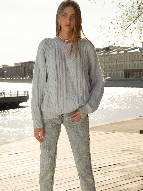 Серо-синий хлопковый свитер с косами, 3