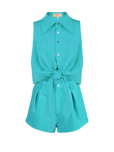 Бирюзовый льняной комплект из рубашки и шорт, 1