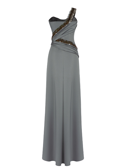 Серое шелковое платье-макси с перьями, 2