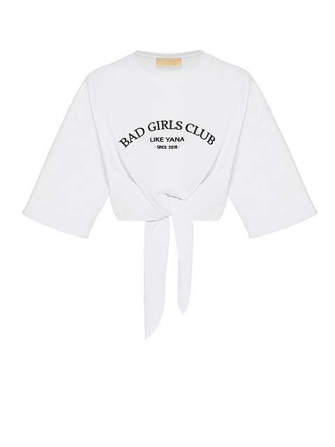 Укороченная белая футболка с завязками и черной вышивкой, 1 Укороченная белая футболка с завязками и черной вышивкой, 1