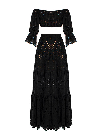 Черный хлопковый комплект из топа и юбки-макси, 2