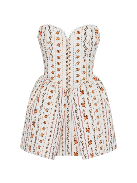 Белое платье-мини из хлопка с цветочным принтом и кружевом, 1