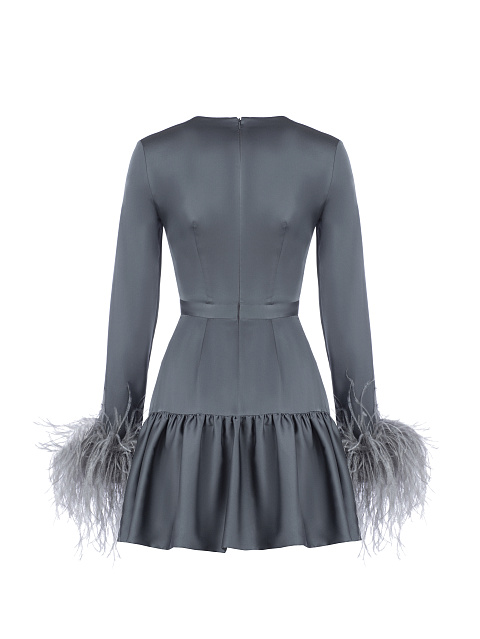 Серое платье-мини из вискозы и шелка с боа, 2 Серое платье-мини из вискозы и шелка с боа, 2