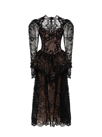 Черное кружевное платье-миди с баской, 1