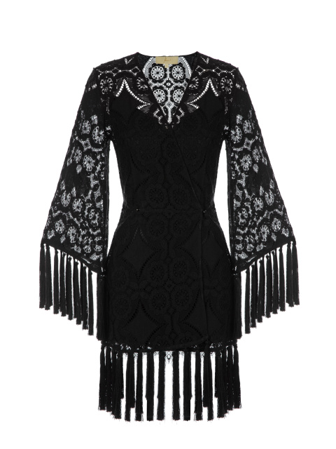 Черное кружевное платье-мини с бахромой, 1
