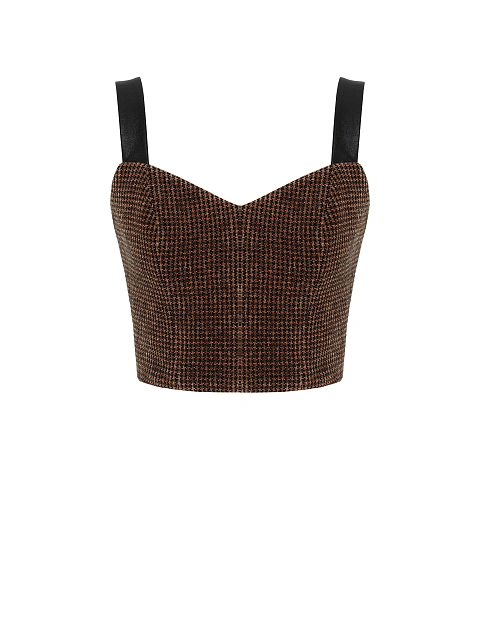 Коричневый костюм-тройка из жакета на молнии, топа и юбки-миди, 4