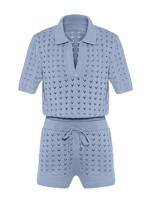 Голубой вязаный комплект из поло и шорт, 1