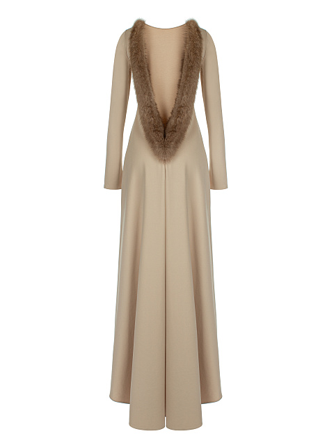 Бежевое платье с открытой спиной и отделкой из меха соболя, 2