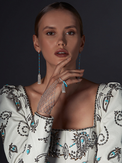 Кольцо-кисть из белого золота с бирюзой и бриллиантами, 6 Кольцо-кисть из белого золота с бирюзой и бриллиантами, 6