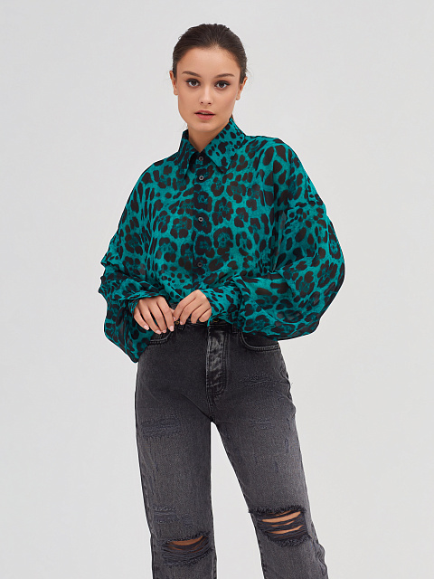 Зеленая блузка с леопардовым принтом из шифона, 6