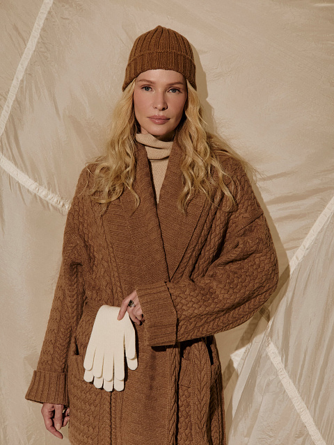 Коричневое вязаное пальто из шерсти мериноса и кашемира, 4