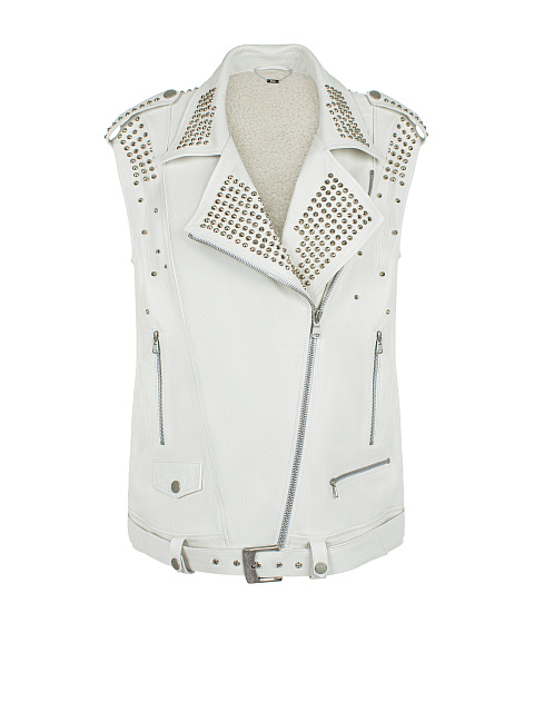 Белый кожаный жилет с подкладом из овчины и шипами, 1