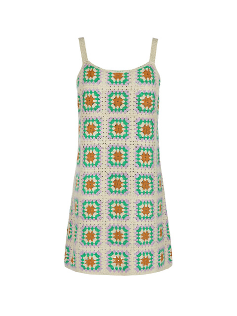 Бежевое вязаное платье-мини в технике кроше, 1