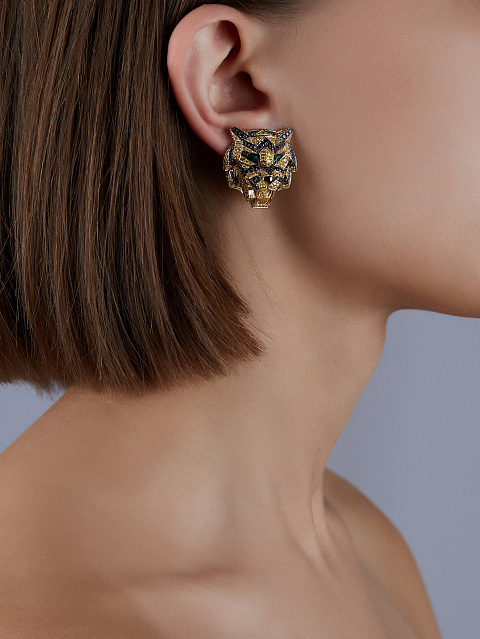 Золотые серьги-гвоздики в виде тигров с черными, желтыми бриллиантами и изумрудами, 6 Золотые серьги-гвоздики в виде тигров с черными, желтыми бриллиантами и изумрудами, 6