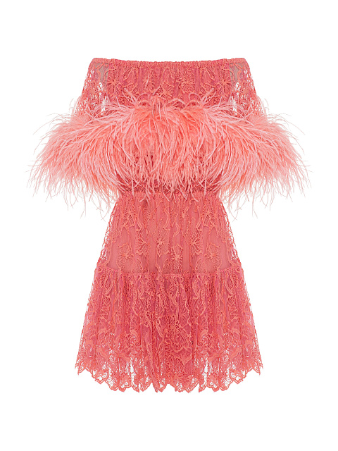 Коралловое платье-мини из кружева, 1