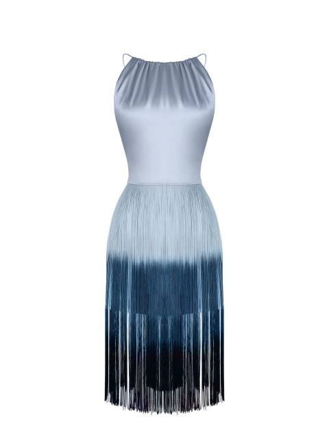 Голубое шелковое платье-мини с бахромой, 1