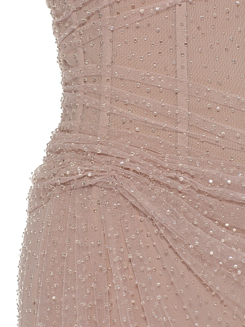 Светло-розовое платье-макси из сетки со стразами и перьями, 4