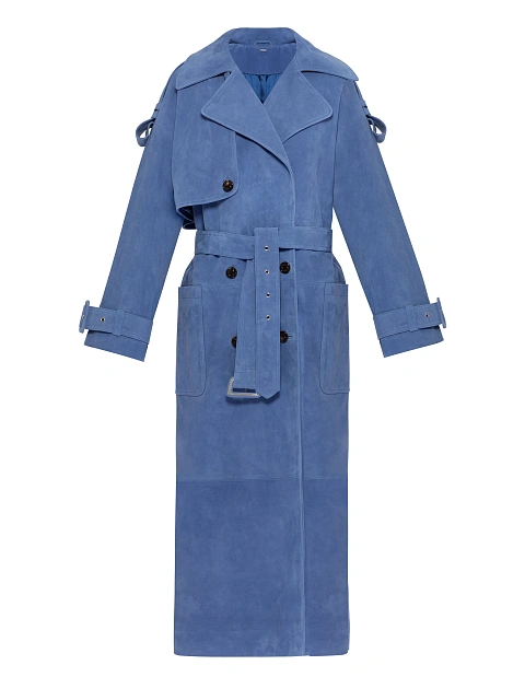 Синий двубортный тренч из замши, 1