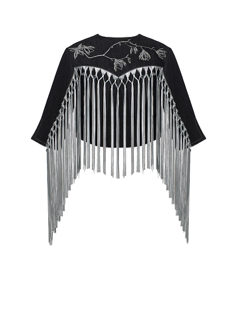 Черный жакет из денима с бахромой и вышивкой на спине, 2 Черный жакет из денима с бахромой и вышивкой на спине, 2