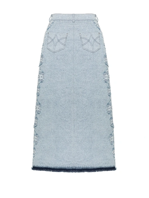 Голубая юбка-миди из денима с вышивкой и бахромой, 2