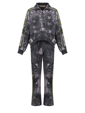 Серый tie-dye костюм с укороченной толстовкой и вышивкой в виде лилий, 1