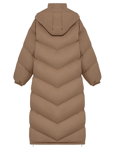 Бежевый длинный пуховик с капюшоном, 5