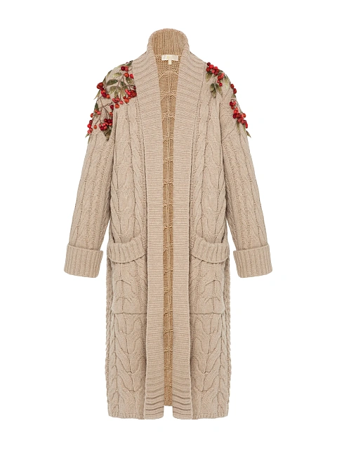 Бежевое вязаное пальто с вышивкой в виде рябины, 2
