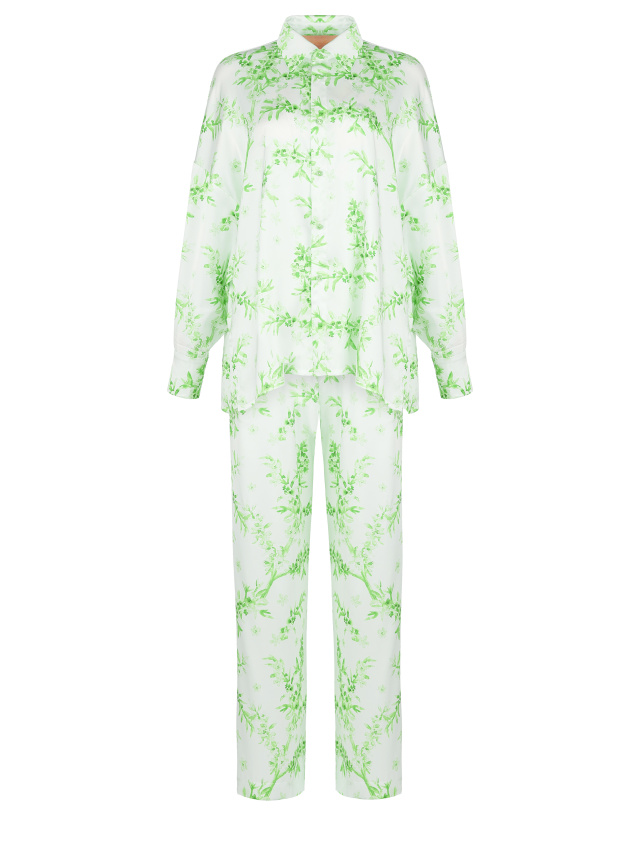 Белый шелковый костюм с зеленым цветочным принтом, 2