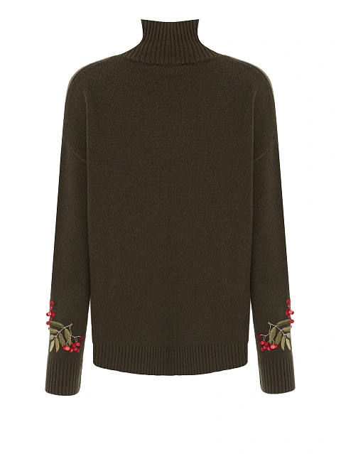 Зеленый кашемировый свитер с вышивкой в виде рябины, 2