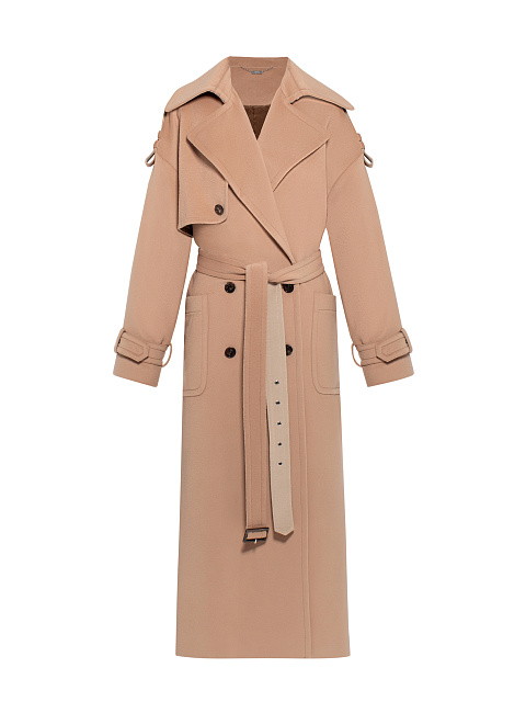 Бежевое двубортное пальто из кашемира с поясом, 6