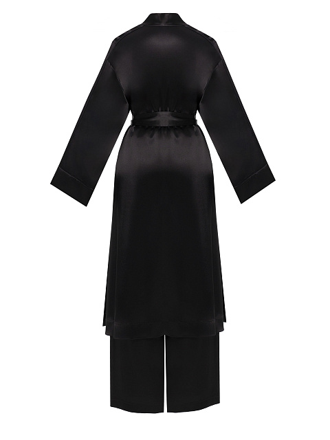 Черный шелковый домашний костюм из халата с поясом и брюк, 2