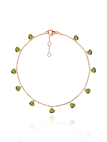 Браслет на лодыжку из серебра с позолотой с зелеными фианитами в огранке "Сердце", 1 Браслет на лодыжку из серебра с позолотой с зелеными фианитами в огранке "Сердце", 1