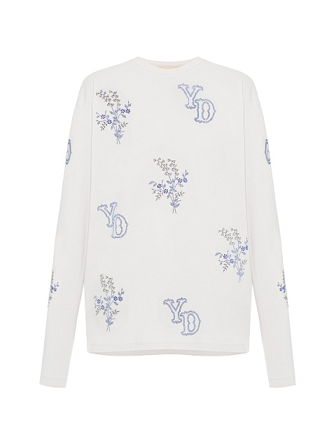 Белый лонгслив из хлопка со стразами, 1