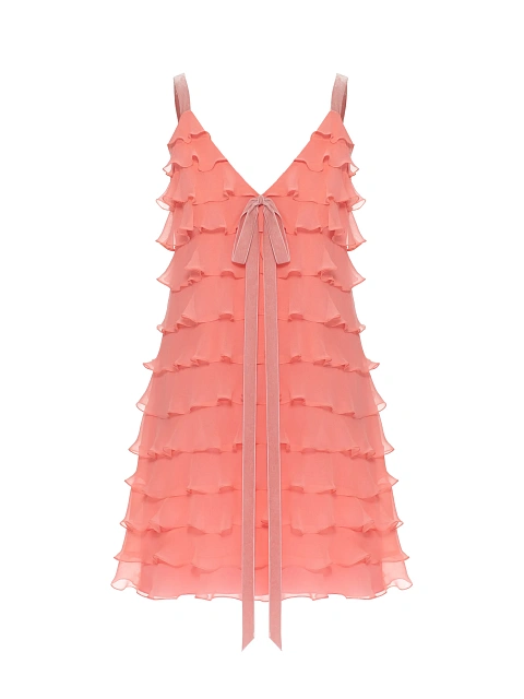 Коралловое платье-мини из шифона с воланами, 1