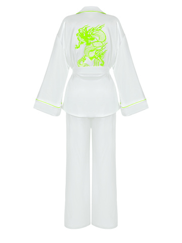 Белый домашний костюм из шелка с неоново-зеленой вышивкой, 2