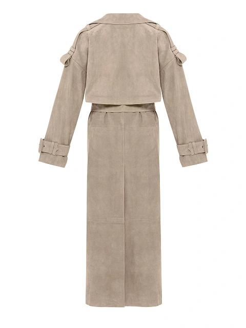Бежевый двубортный тренч из замши, 2