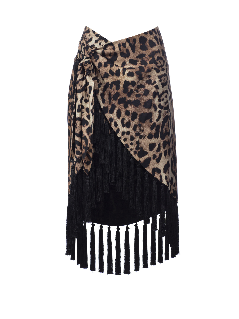 Шелковая юбка с леопардовым принтом и бахромой, 1