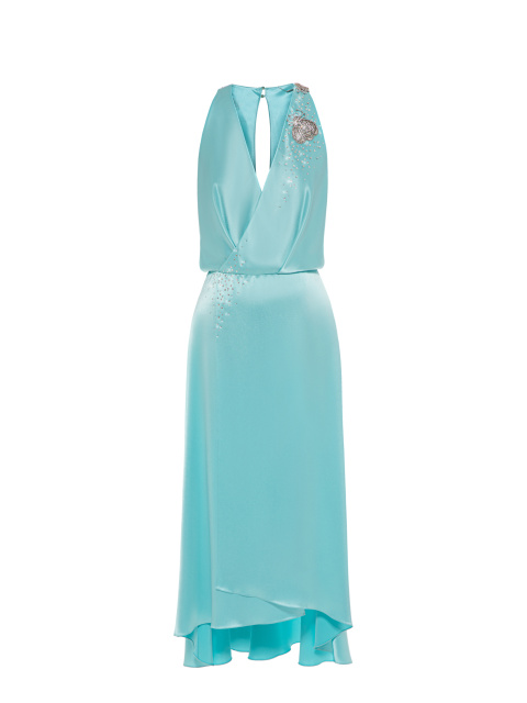Голубое платье-миди из шелка с бисером и стразами, 1