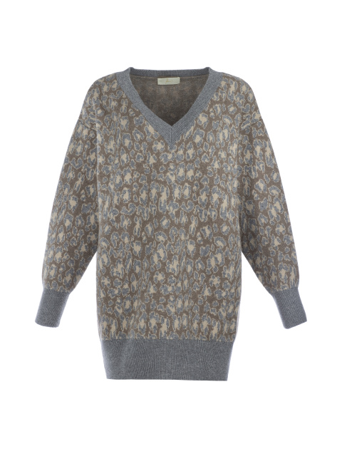 Удлиненный кашемировый пуловер с леопардовым рисунком, 1