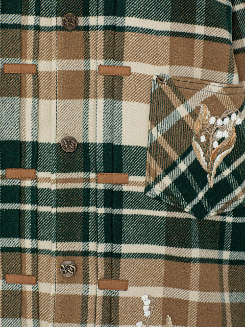 Коричневая куртка-рубашка в клетку с вышивкой в виде ландышей, 3